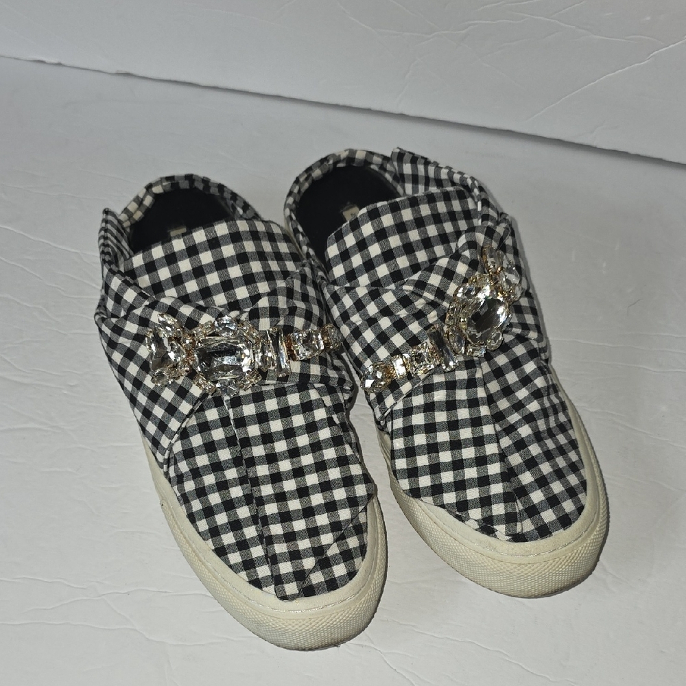 Zara Black & White Gingham Slip-On Sneakers with Crystal Accent Sz 40 (9.5-10)